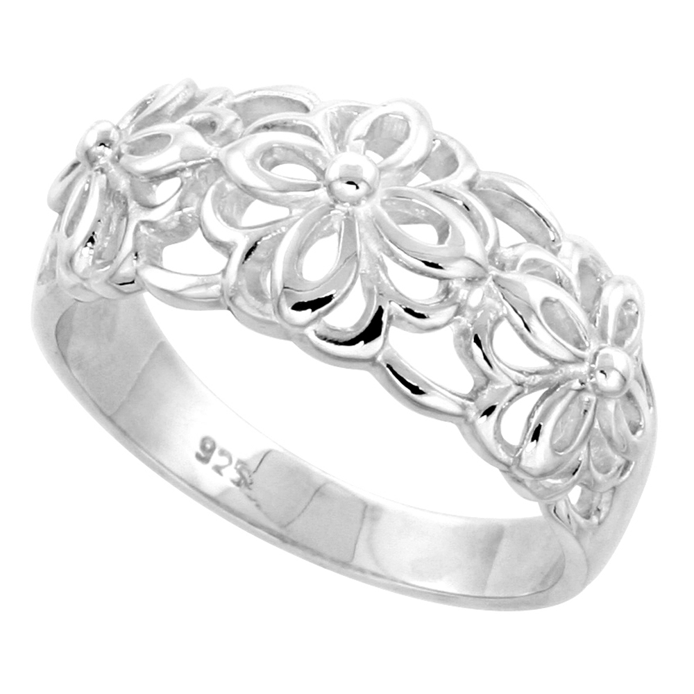 Sterling Silver Floral Pattern Cut-out Ring Flawless finish 1/2 inch wide, sizes 6 to 10