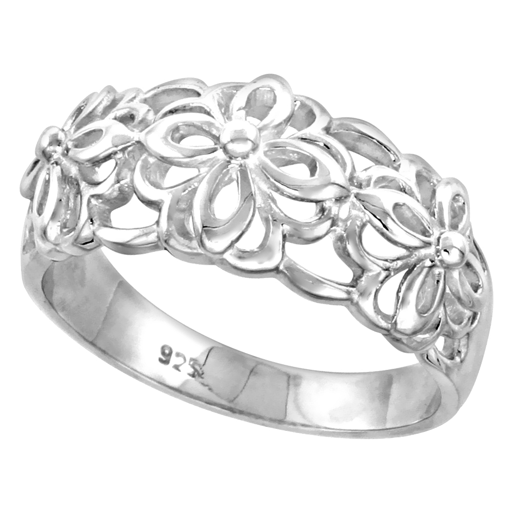 Sterling Silver Floral Pattern Cut-out Ring for Women Flawless finish 1/2 inch wide sizes 6 to 10