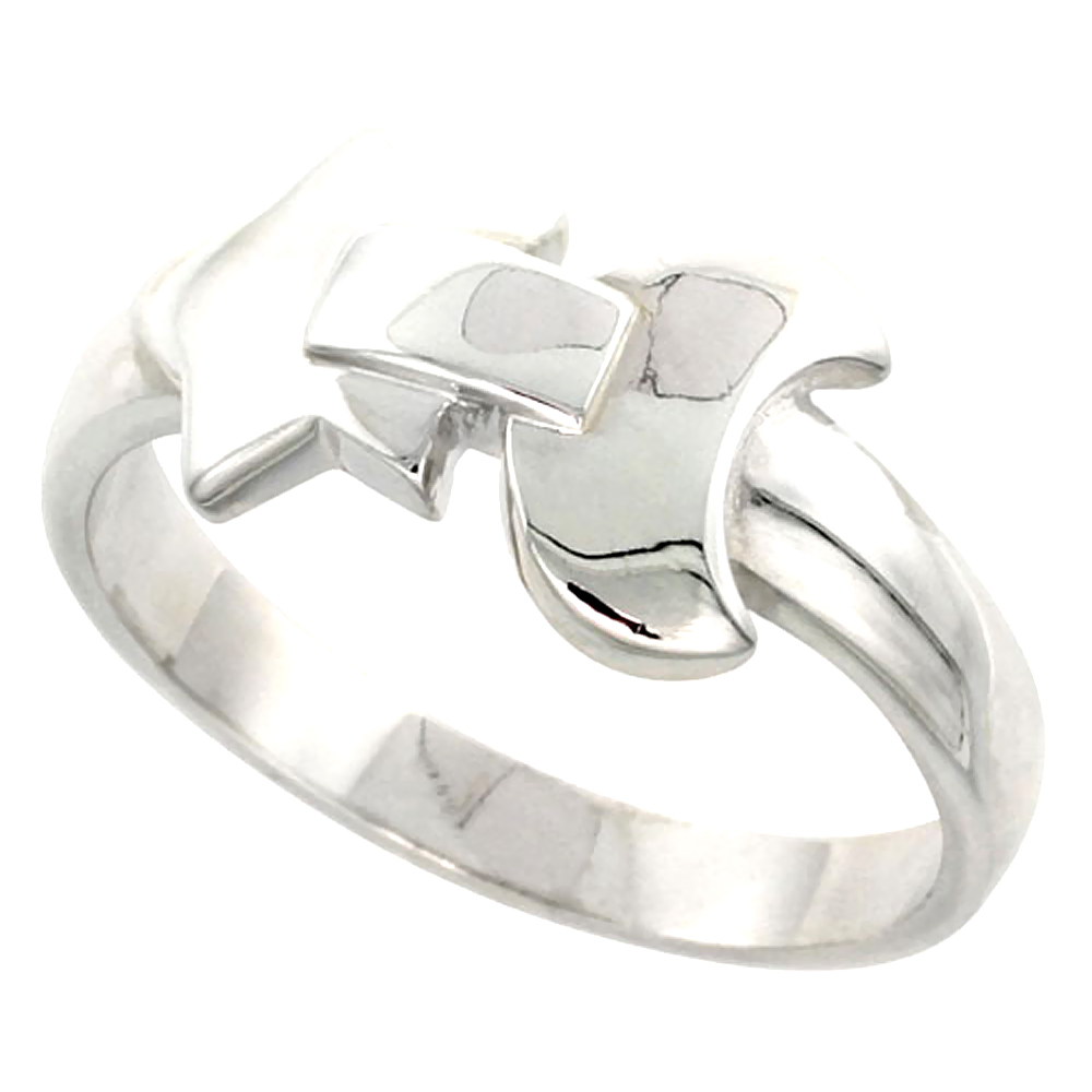 Sterling Silver Moon &amp; Star Ring Flawless finish 3/8 inch wide, sizes 6 to 10