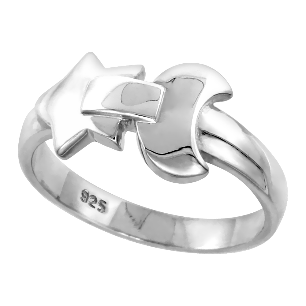 Sterling Silver Moon & Star Ring for Women Flawless finish 3/8 inch wide sizes 6 to 10
