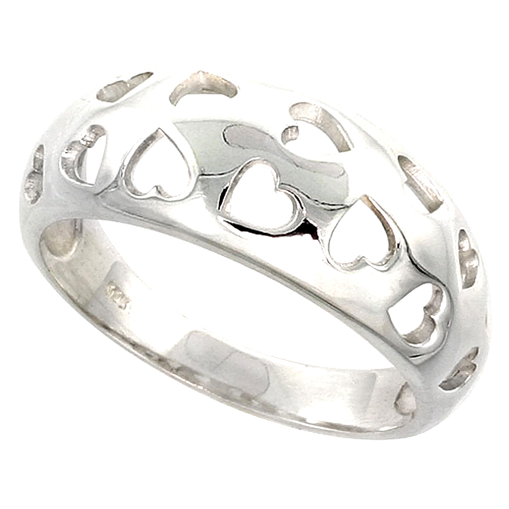Sterling Silver Domed Hearts Ring Flawless finish 3/8 inch wide, sizes 6 to 10