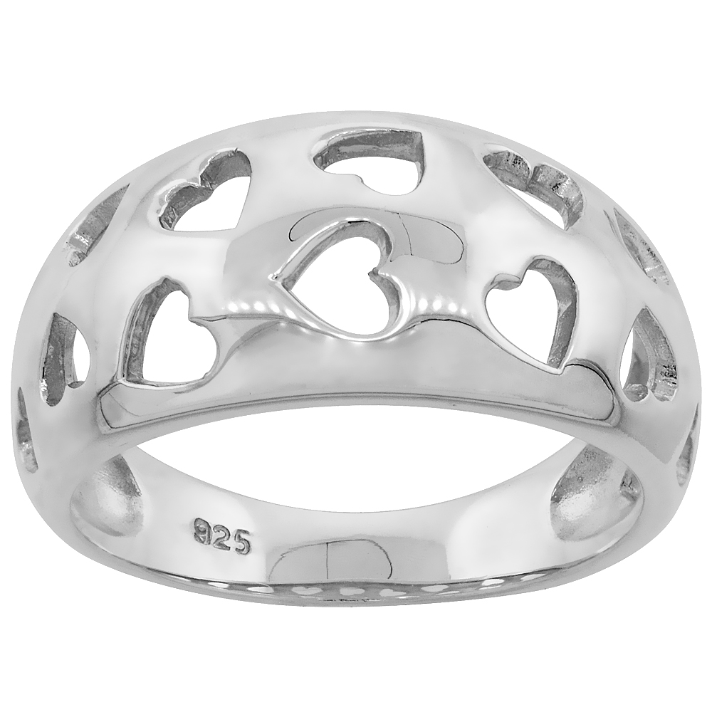 Sterling Silver Domed Hearts Ring for Women Flawless finish 3/8 inch wide sizes 6 to 10