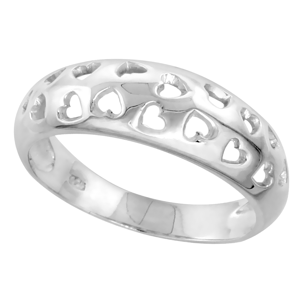 Sterling Silver Narrow Domed Hearts Ring for Women Flawless finish 5/16 inch wide sizes 6 to 10