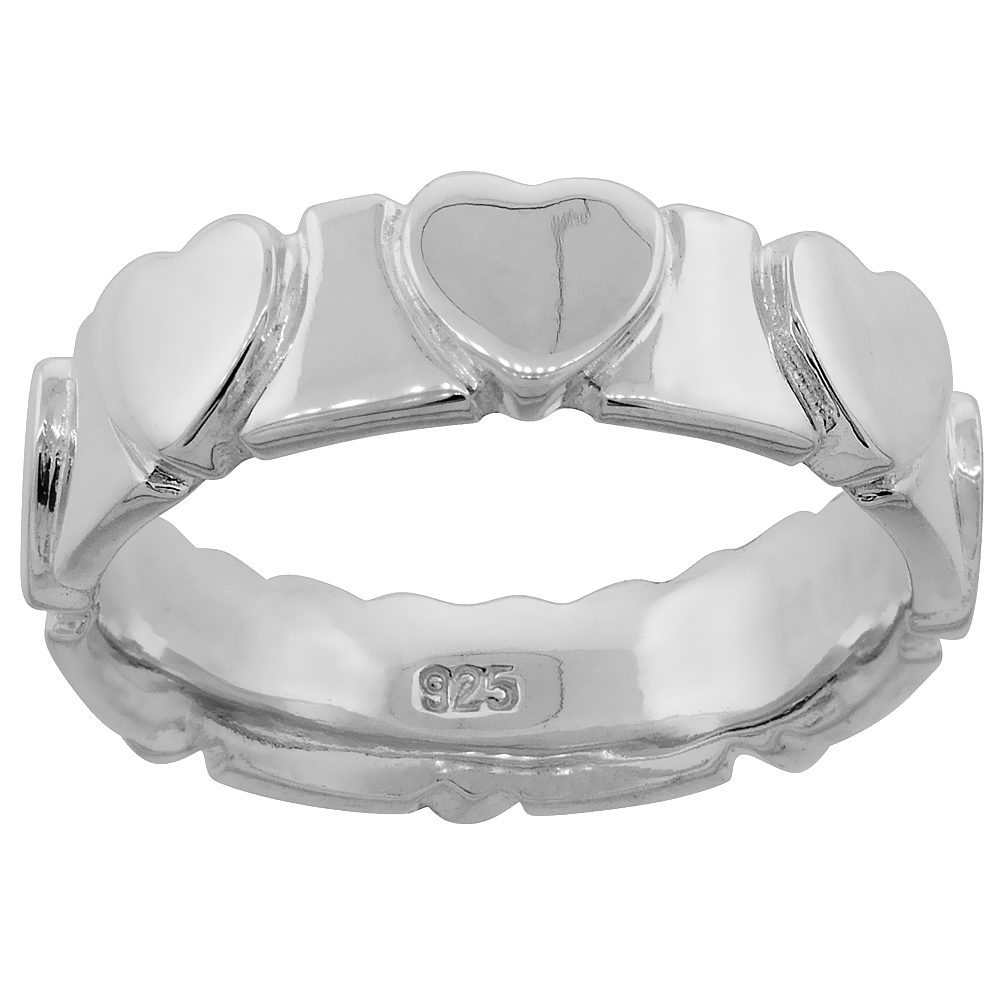 Sterling Silver Hearts Ring for Women Flawless finish 1/4 inch wide sizes 6 to 10