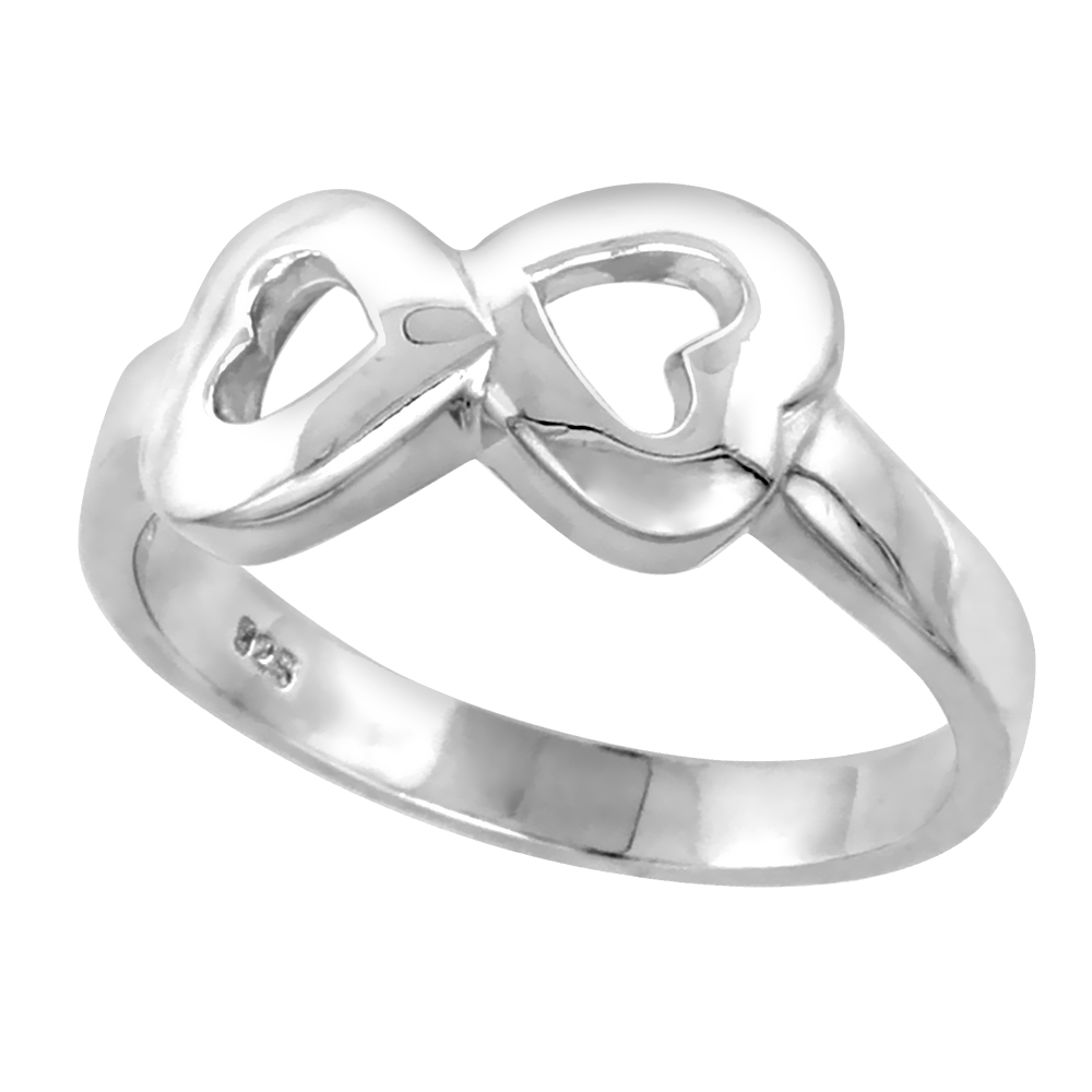 Sterling Silver 2 Heart Cut-out Ring for Women Flawless finish 3/8 inch wide sizes 6 to 10