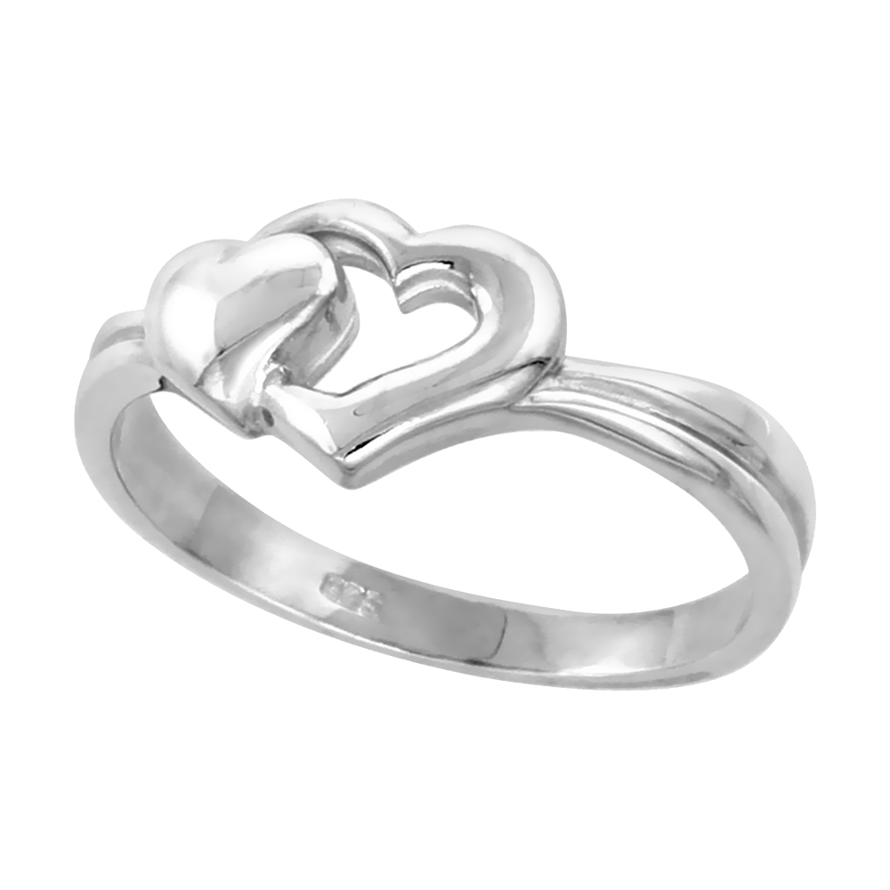 Sterling Silver 2 Heart Ring for Women Flawless finish 3/8 inch wide sizes 6 to 10