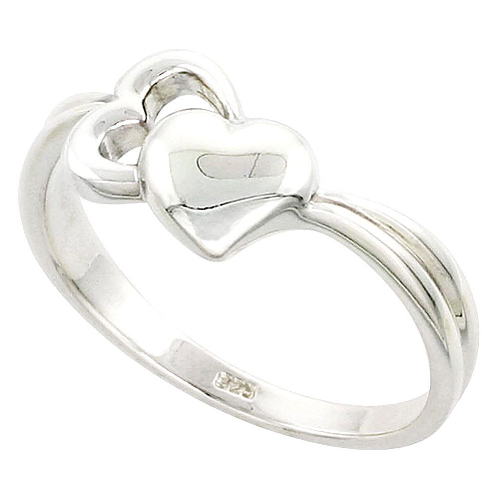 Sterling Silver 2 Heart Ring Flawless finish 1/2 inch wide, sizes 6 to 10