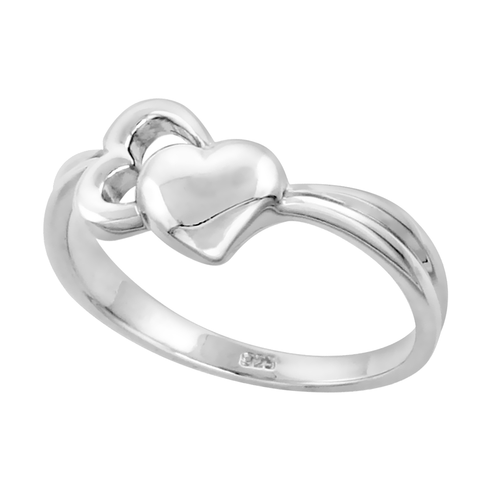 Sterling Silver 2 Heart Ring for Women Flawless finish 1/2 inch wide sizes 6 to 10