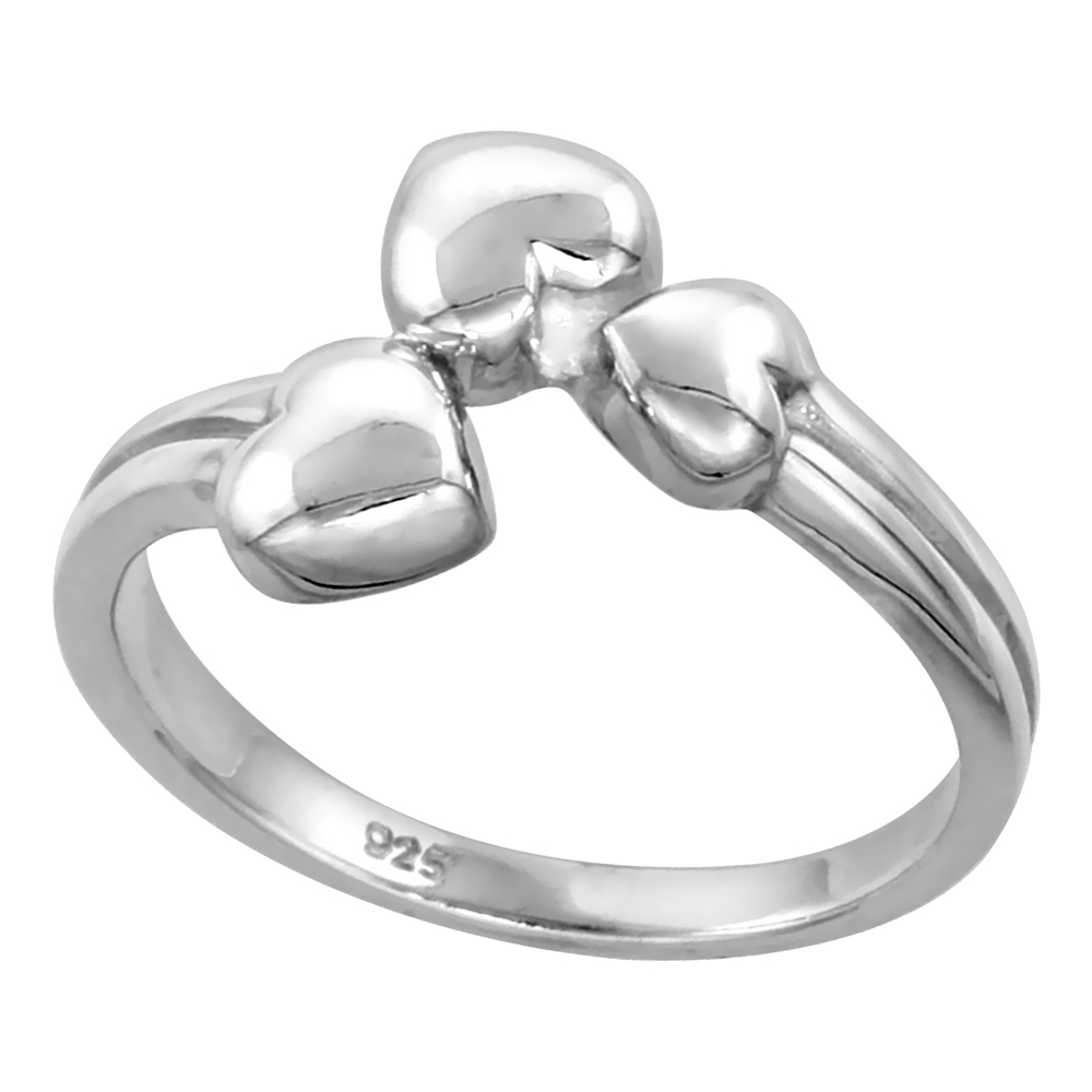 Sterling Silver 3-Heart Ring for Women Flawless finish 1/2 inch wide sizes 6 to 10