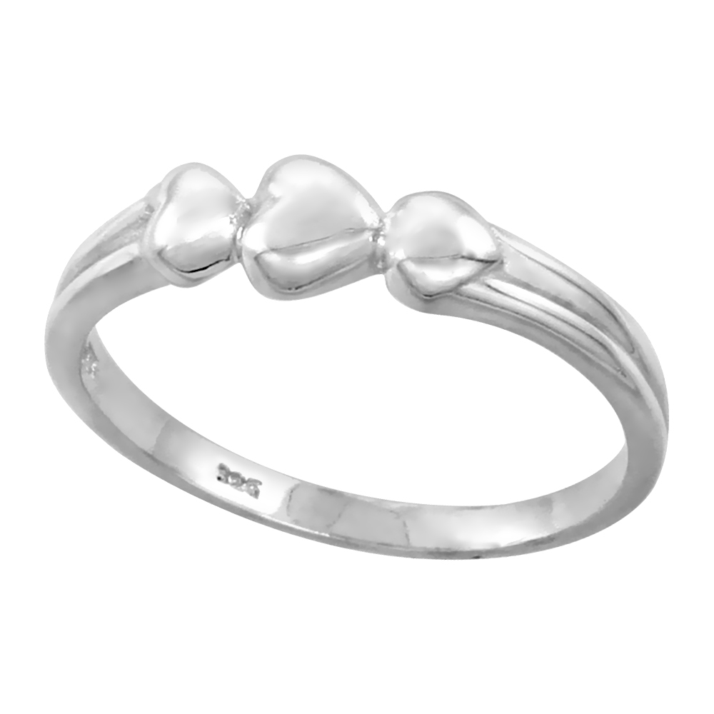 Sterling Silver 3-Heart Ring for Women Flawless finish 1/4 inch wide sizes 6 to 10