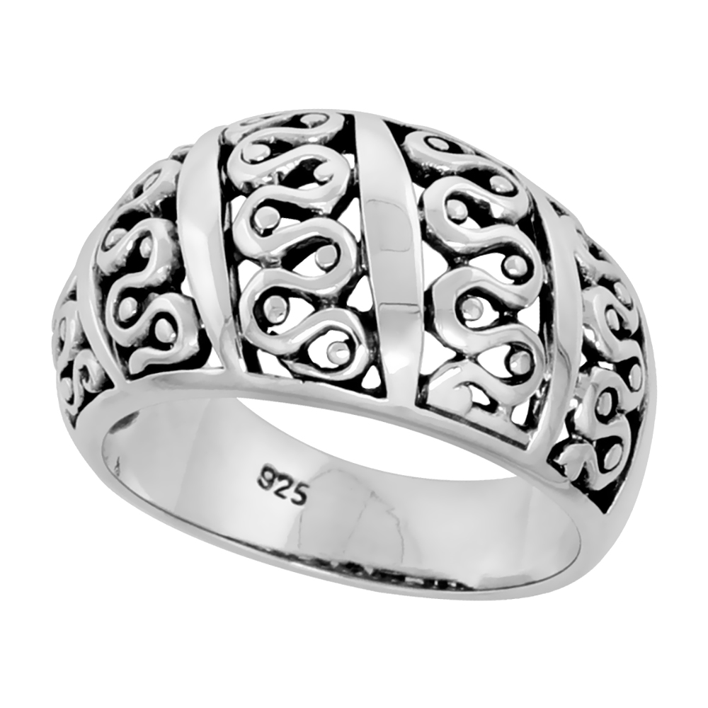 Sterling Silver Dome Cigar Band Wavy Pattern Ring for Women Flawless finish 1/2 inch wide sizes 6 to 10