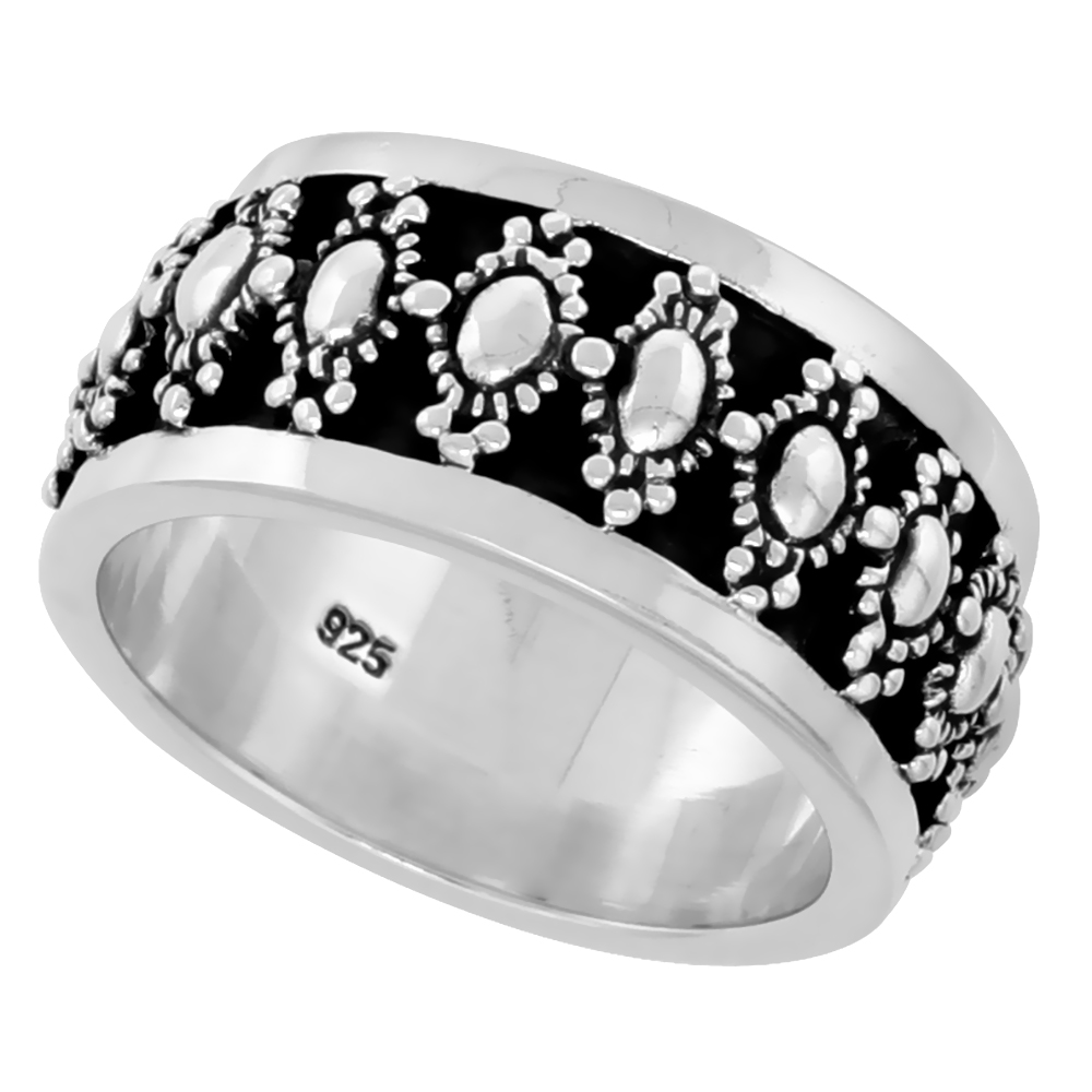 Sterling Silver Floral Beads Band Ring for Women Flawless finish 1/2 inch wide sizes 6 to 10