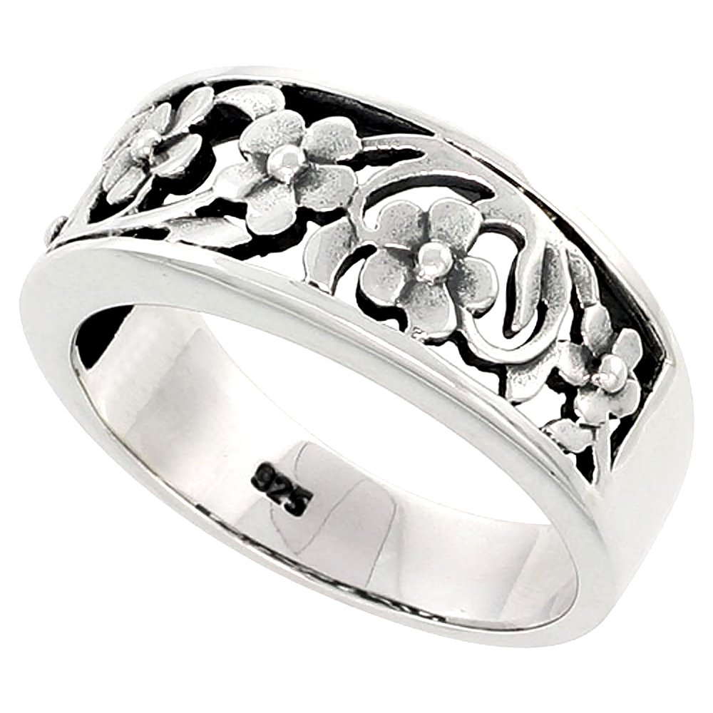Sterling Silver Floral Vine Band Ring Flawless finish 3/8 inch wide, sizes 6 to 10