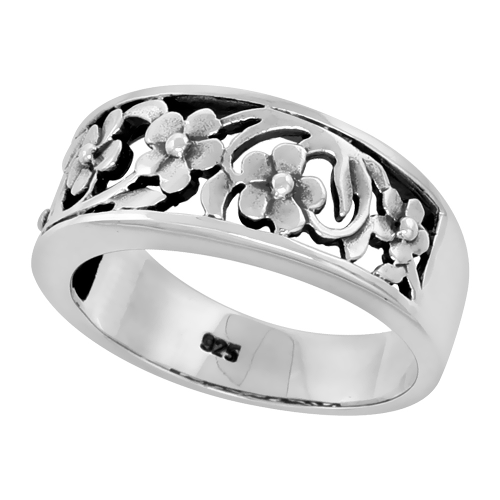 Sterling Silver Floral Vine Band Ring for Women Flawless finish 3/8 inch wide sizes 6 to 10