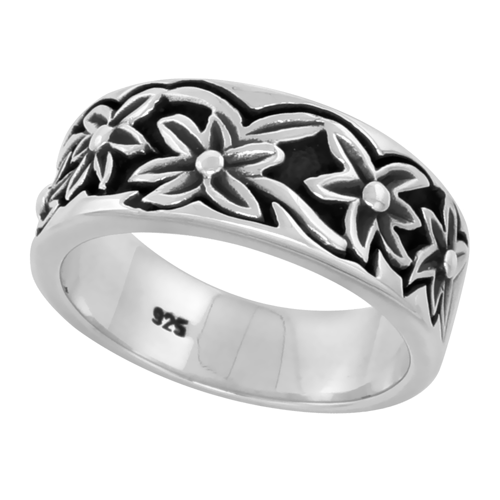 Sterling Silver Floral Pattern Band Ring for Women Flawless finish 3/8 inch wide sizes 6 to 10