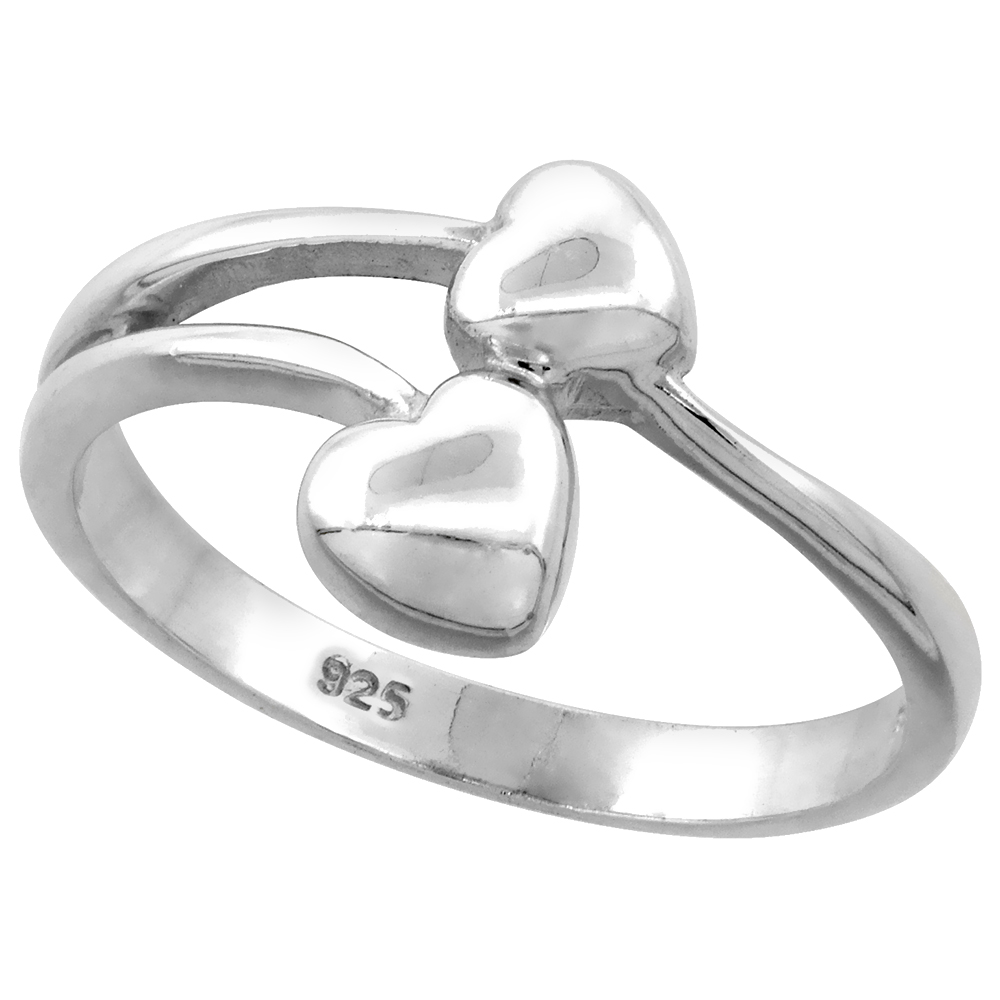 Sterling Silver Two Hearts Ring for Women Flawless finish 1/2 inch wide sizes 6 to 10