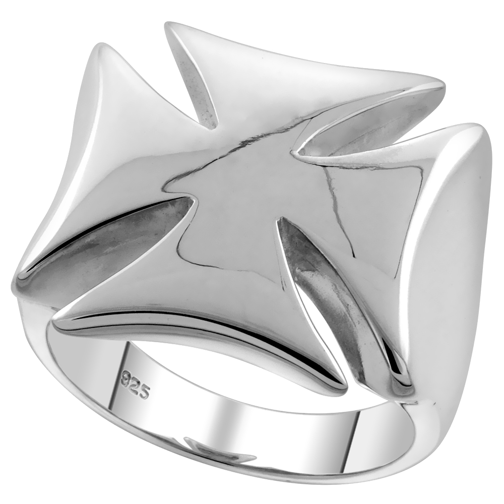 Sterling Silver Large Maltese Cross Ring for Men Flawless Finish 3/4 inch sizes 9 to 14