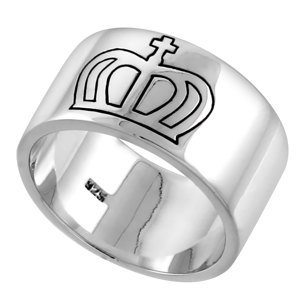 Gents Sterling Silver Cross and Crown Ring for Men and Women Solid back Flawless Finish 1/2 inch wide sizes 9 to 14