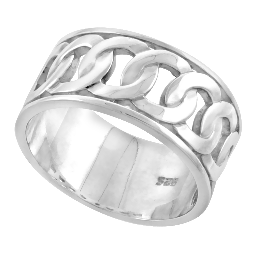 Sterling Silver Round Link Chain Ring Wedding Band for Him and Her Flawless finish 1/2 inch wide sizes 6 to 14