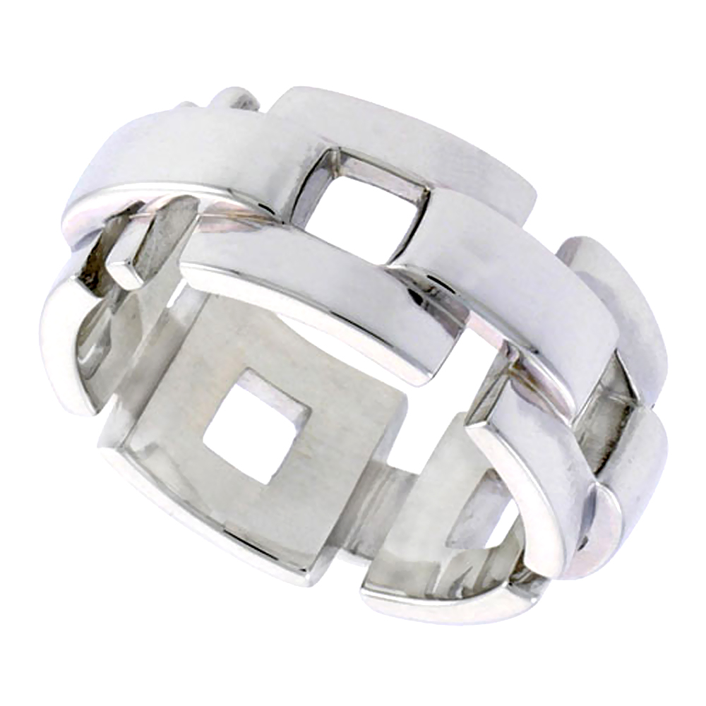 Sterling Silver Square Link Chain Wedding Ring for Him and Her Flawless finish 3/8 inch wide, sizes 6 to 14