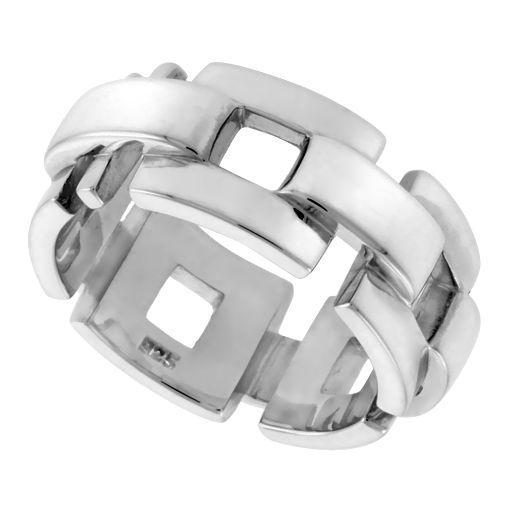 Sterling Silver Square Link Chain Wedding Ring for Him and Her Flawless finish 3/8 inch wide sizes 6 to 14