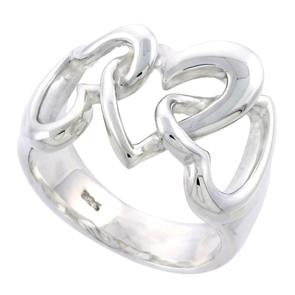 Sterling Silver Linked Hearts Ring Flawless finish 9/16 inch wide