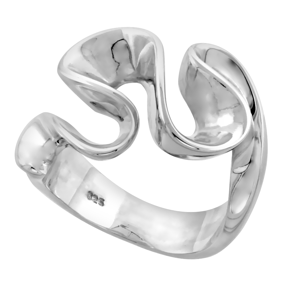 Sterling Silver Sideway Waves Ring for Women Flawless finish 5/8 inch wide