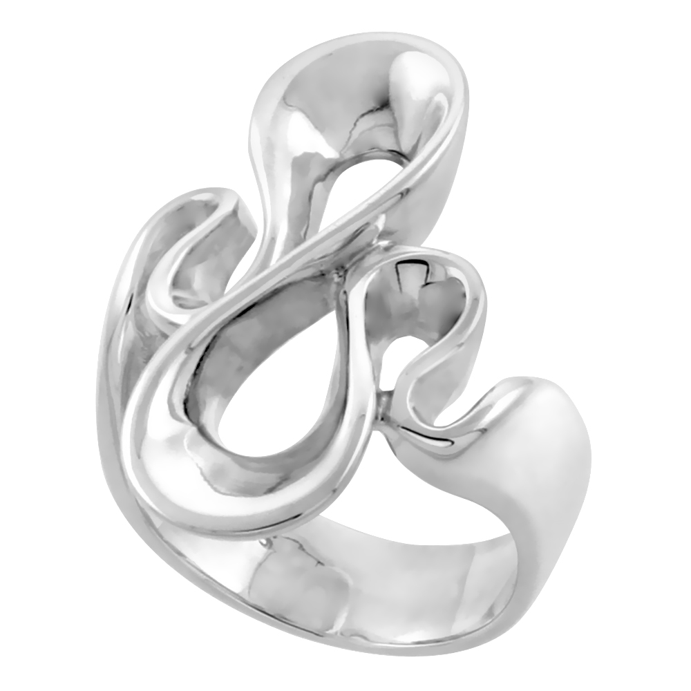 Sterling Silver long S Waves Ring for Women Flawless finish 1 1/16 inch wide