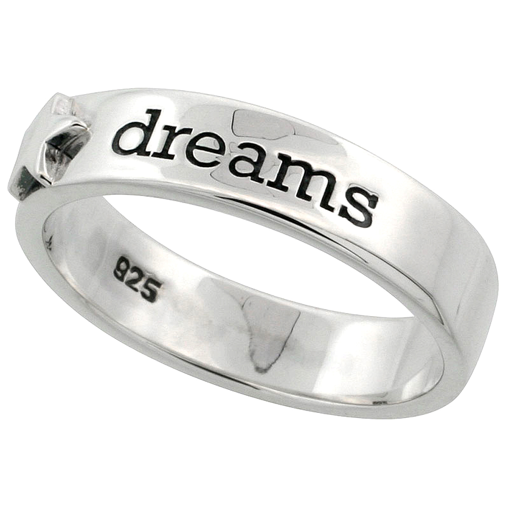 Sterling Silver Word Dream Band Ring Women Teeny Stars Sides Flawless finish Pipe Cut 3/16 inch wide