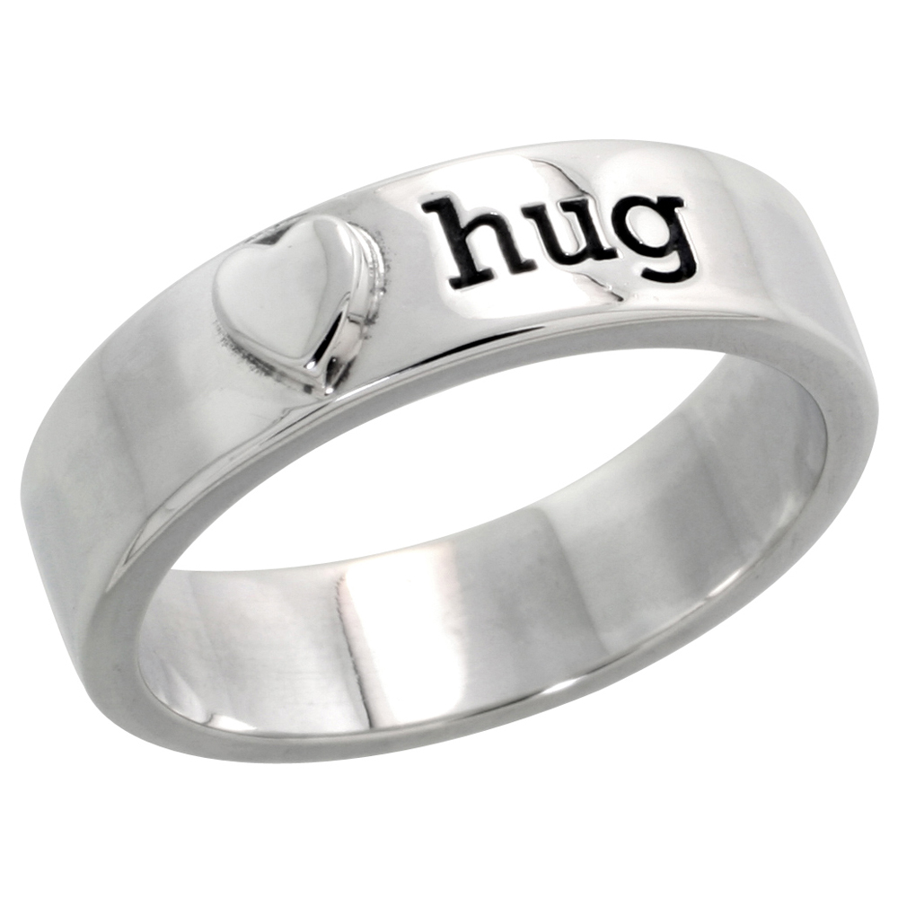 Sterling Silver Word Hug Band Ring Women Heart Sides Flawless finish Pipe Cut 3/16 inch wide