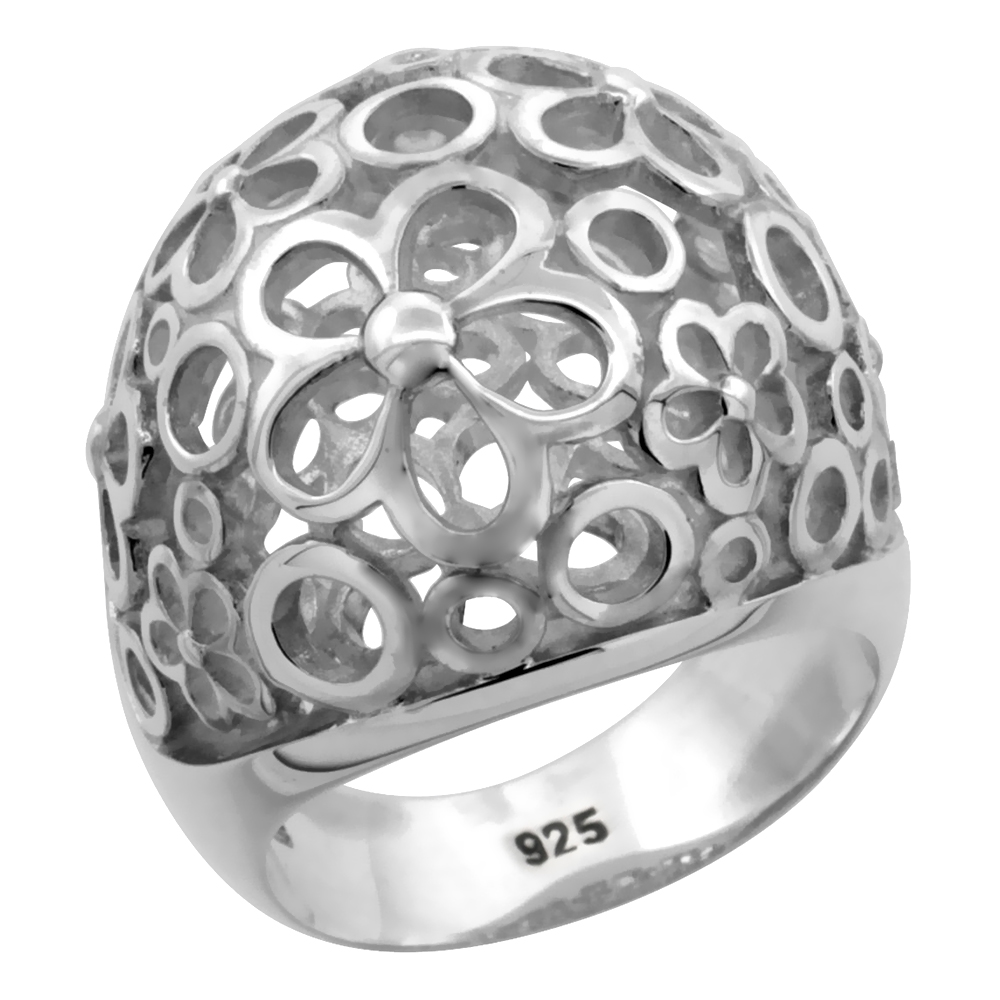 Ladies Sterling Silver Large Flower Gallery Domed Ring 7/8 inch wide sizes 6 - 10