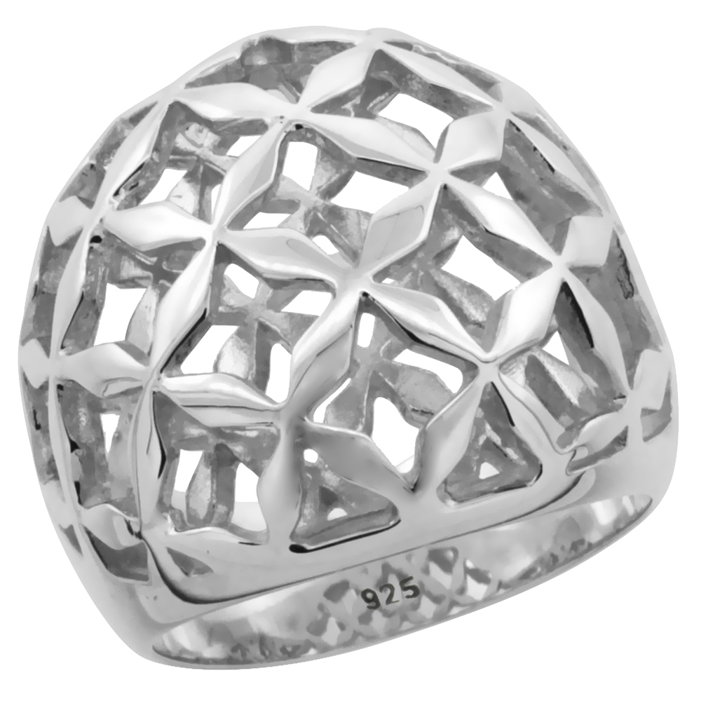 Ladies Sterling Silver Large lattice Design Gallery Domed Ring 13/16 inch wide sizes 6 - 10