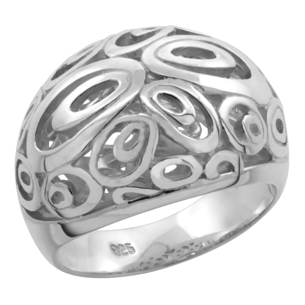 Ladies Sterling Silver Oval Swirls Gallery Domed Ring 5/8 inch wide sizes 6 - 10