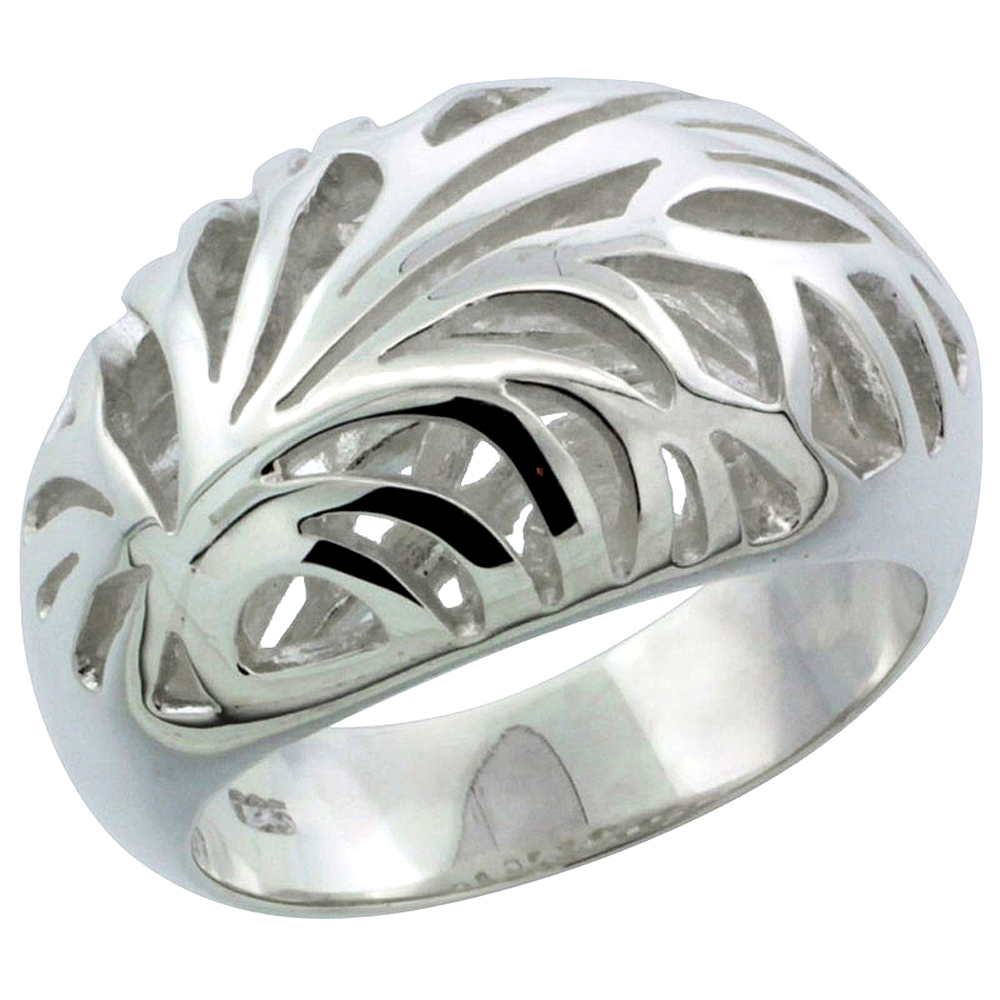 Ladies Sterling Silver Fern Pattern Gallery Domed Ring 1/2 inch wide sizes 6 - 10