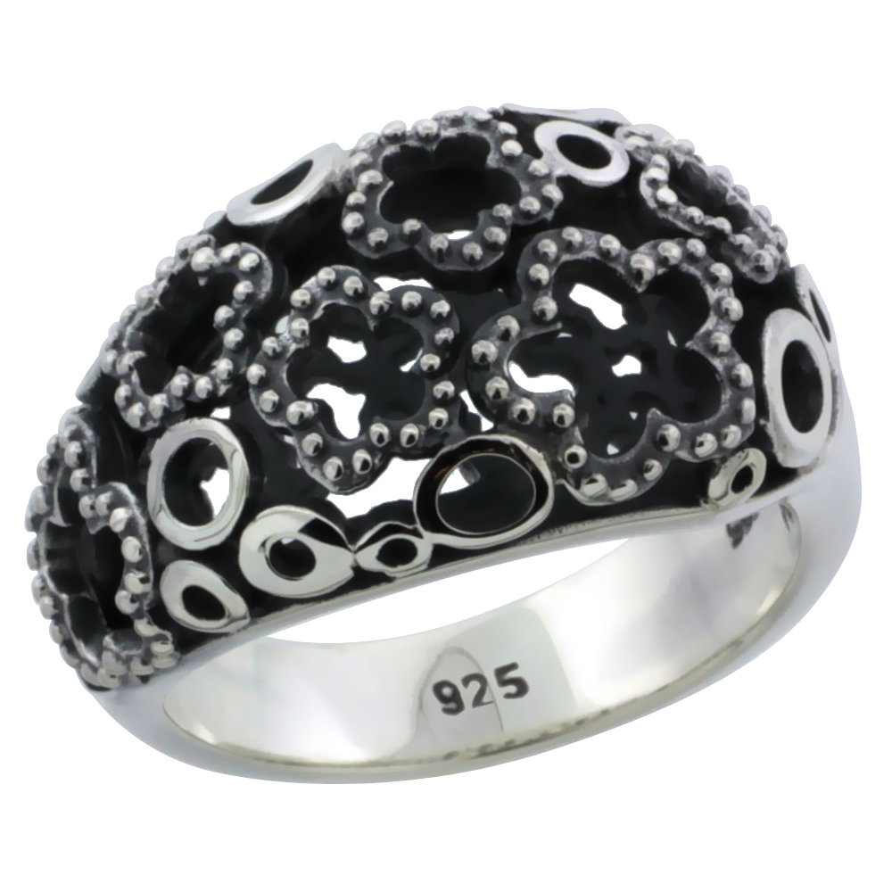 Ladies Sterling Silver Star Rounded Gallery Domed Ring Antiqued 1/2 inch wide sizes 6 - 10