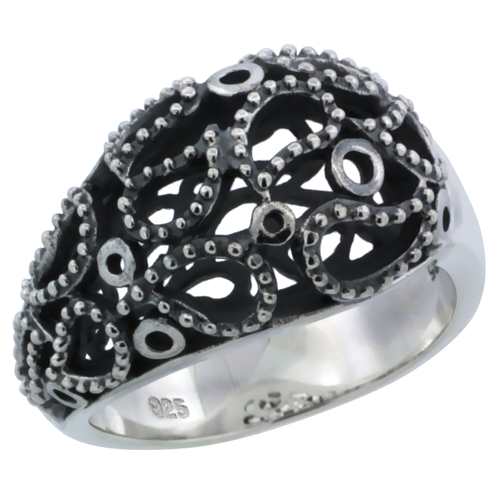Ladies Sterling Silver Kidney Shapes Gallery Domed Ring Antiqued 15/32 inch wide sizes 6 - 10