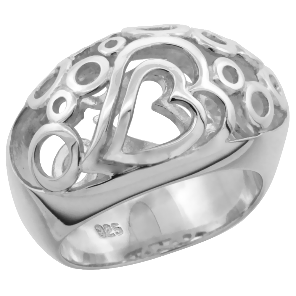 Ladies Sterling Silver Heart and Circles Gallery Domed Ring 17/32 inch wide sizes 6 - 10