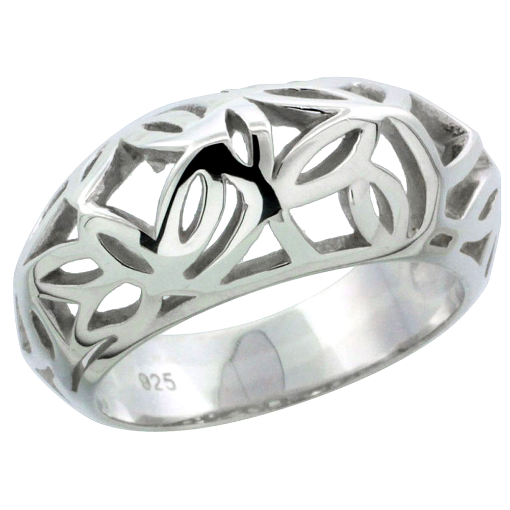 Ladies Sterling Silver Bamboo leaves Domed Ring 3/8 inch wide sizes 6 - 10