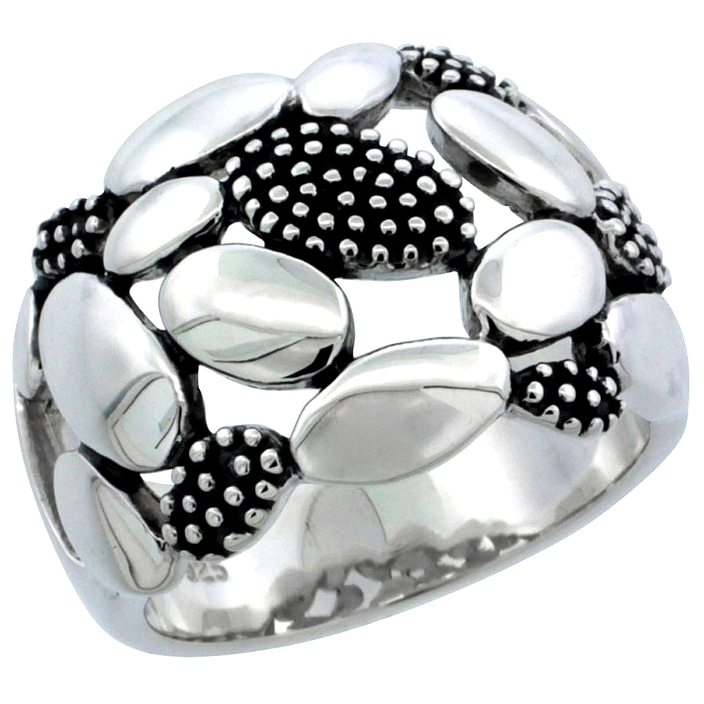 Ladies Sterling Silver Domed Oval Pebble Ring High Polished & Oxidized Two tone finish 5/8 inch wide sizes 6 - 10