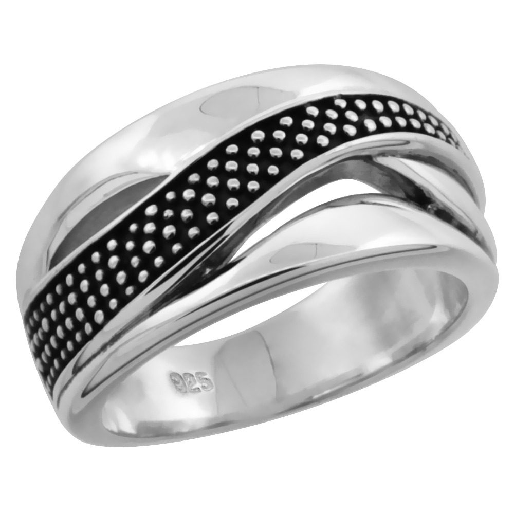 Ladies Sterling Silver Single Beaded Stripe Ring High Polished & Oxidized Two tone finish 3/8 inch wide sizes 6 - 10