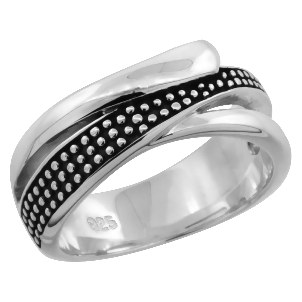 Ladies Sterling Silver Single Beaded Stripe Ring High Polished & Oxidized Two tone finish 5/16 inch wide sizes 6 - 10