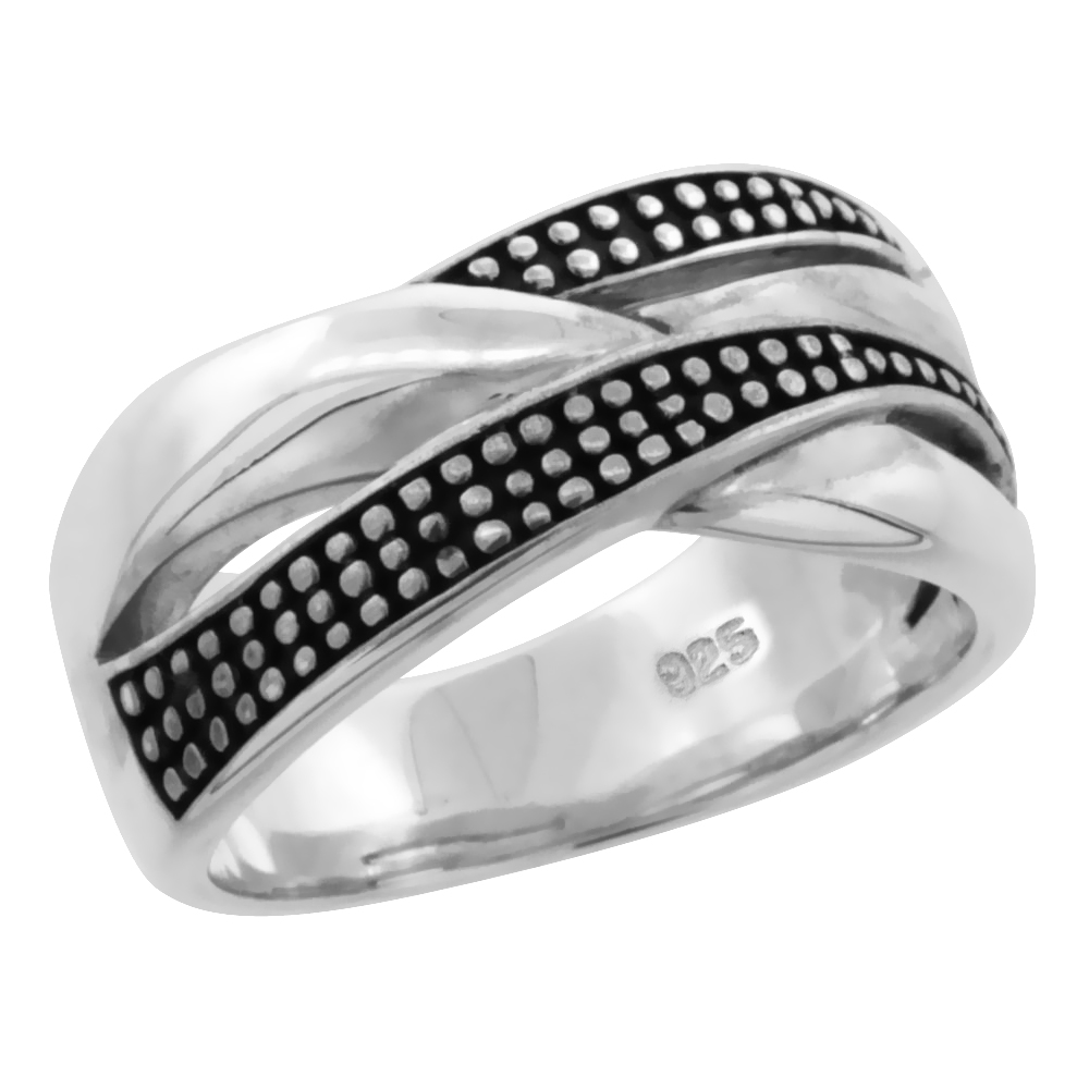 Ladies Sterling Silver Crisscross Ring High Polished & Oxidized Two tone finish Two Beaded Stripes 3/8 inch wide sizes 6 - 10