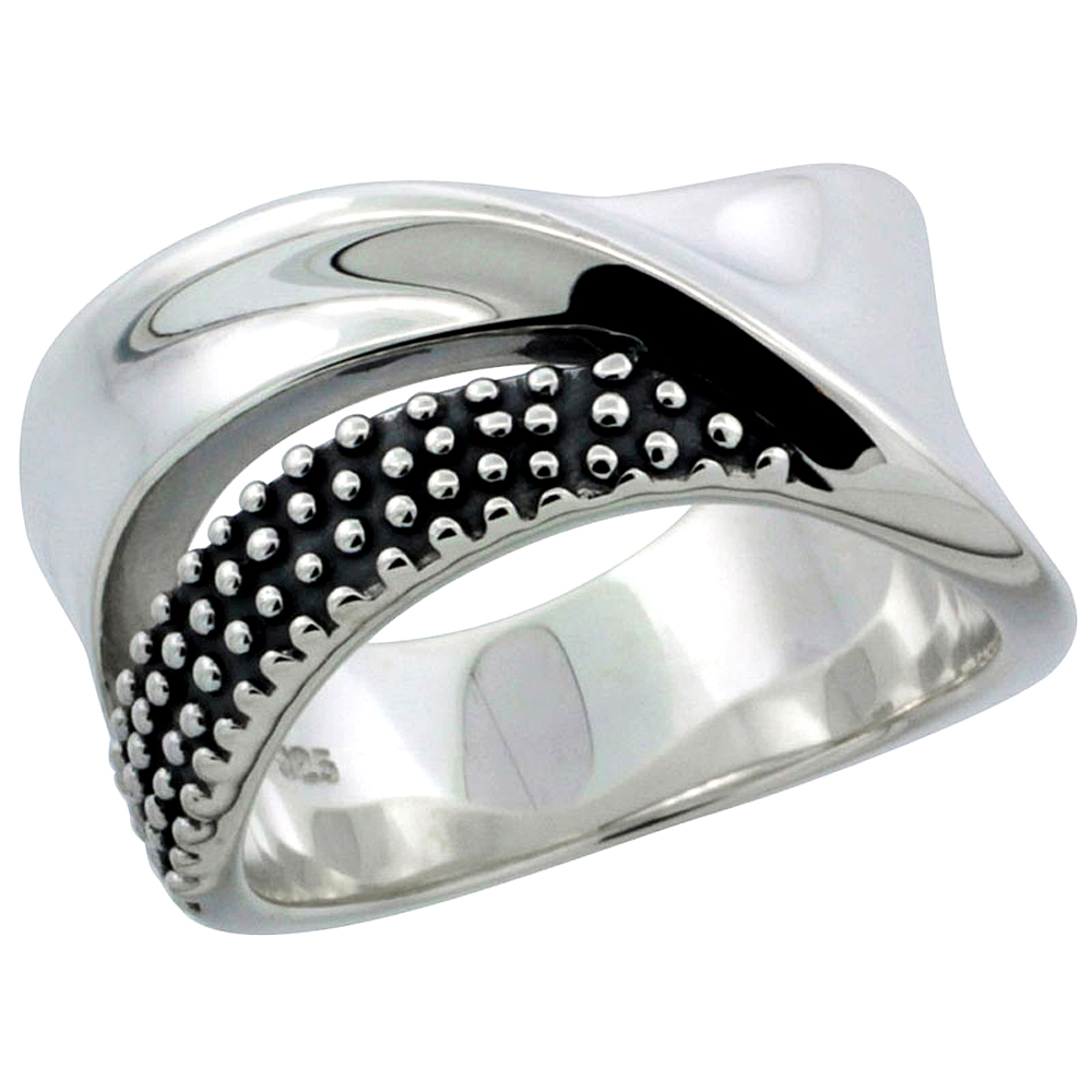 Ladies Sterling Silver Crisscross Ring High Polished & Oxidized Two tone finish Beaded Stripe 15/32 inch wide sizes 6 - 10