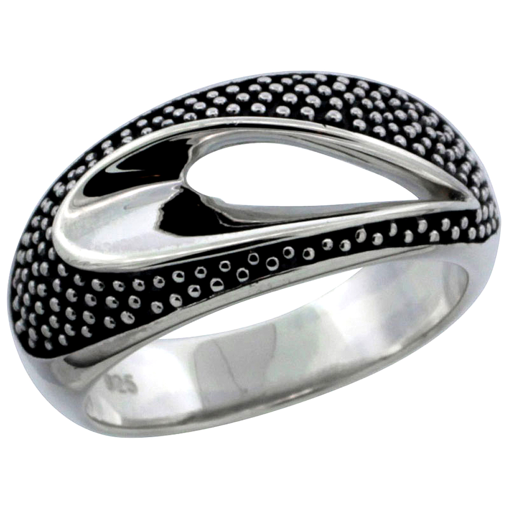Ladies Sterling Silver Oval Swirl Ring High Polished & Oxidized Two tone finish Beaded 15/32 inch wide sizes 6 - 10