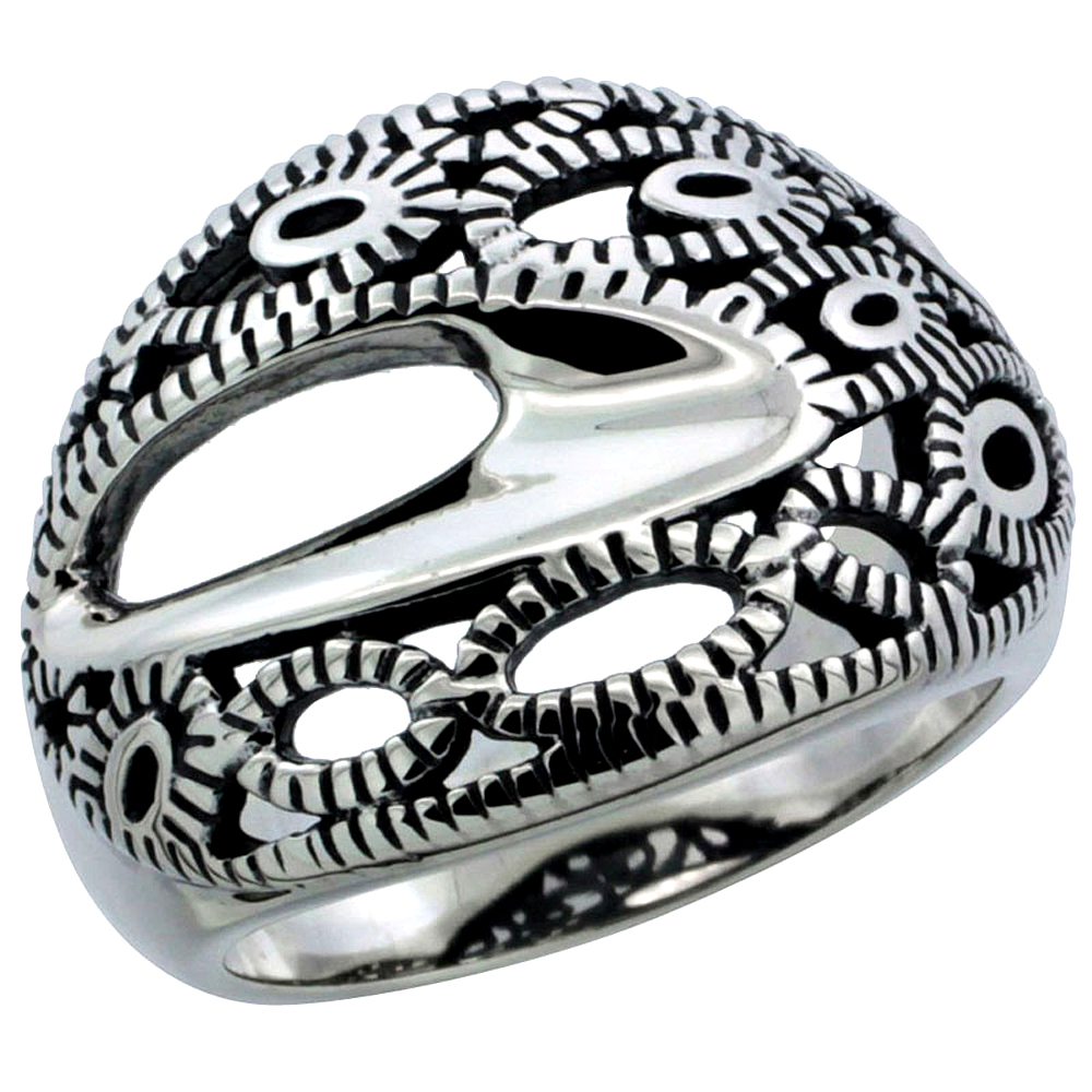 Ladies Sterling Silver Oval Swirl Ring High Polished & Oxidized Two tone finish Coin-Edge 5/8 inch wide sizes 6 - 10