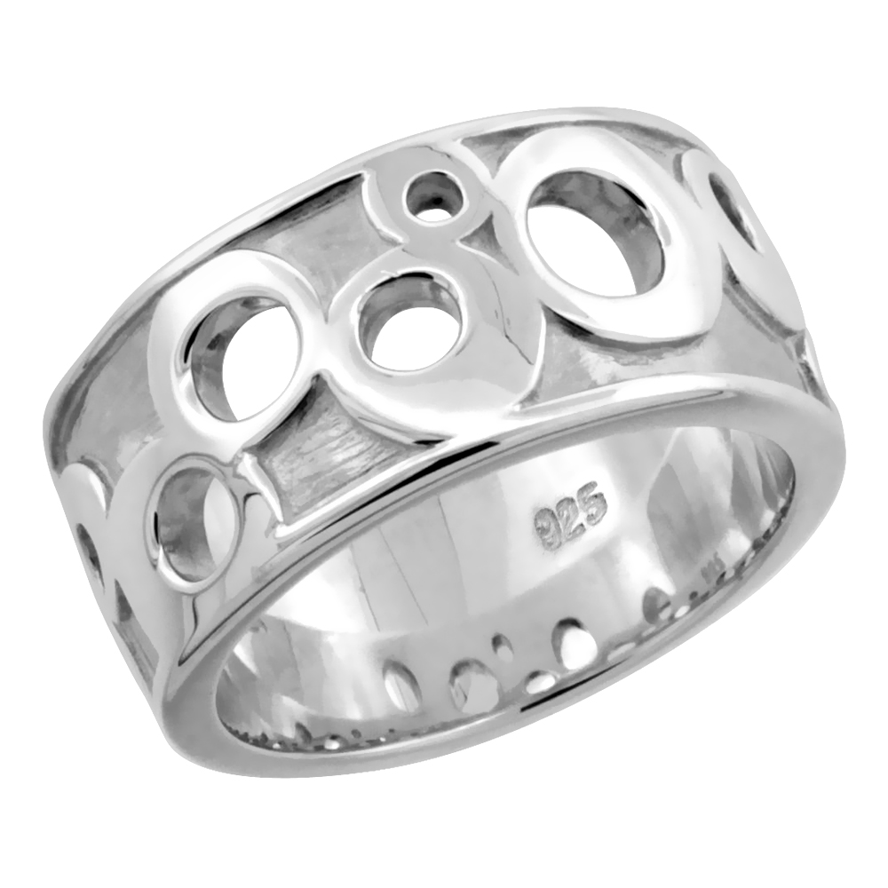 Ladies Sterling Silver Round Circles Bubble Ring Cut out Pattern High Polished 3/8 inch wide sizes 6 - 10