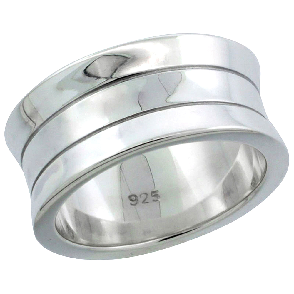 Ladies Sterling Silver Concave Ring Triple Stripe High Polished 3/8 inch wide sizes 6 - 10