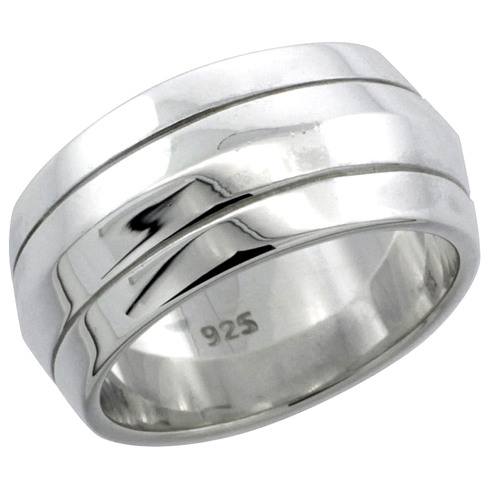 Ladies Sterling Silver Convex Ring Four Stripe High Polished 3/8 inch wide, sizes 6 - 10