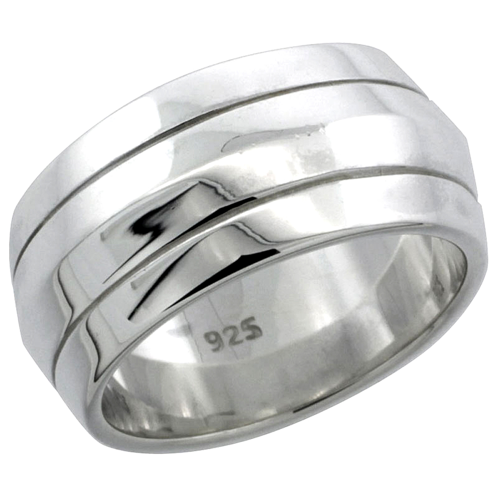 Ladies Sterling Silver Convex Ring Four Stripe High Polished 3/8 inch wide sizes 6 - 10