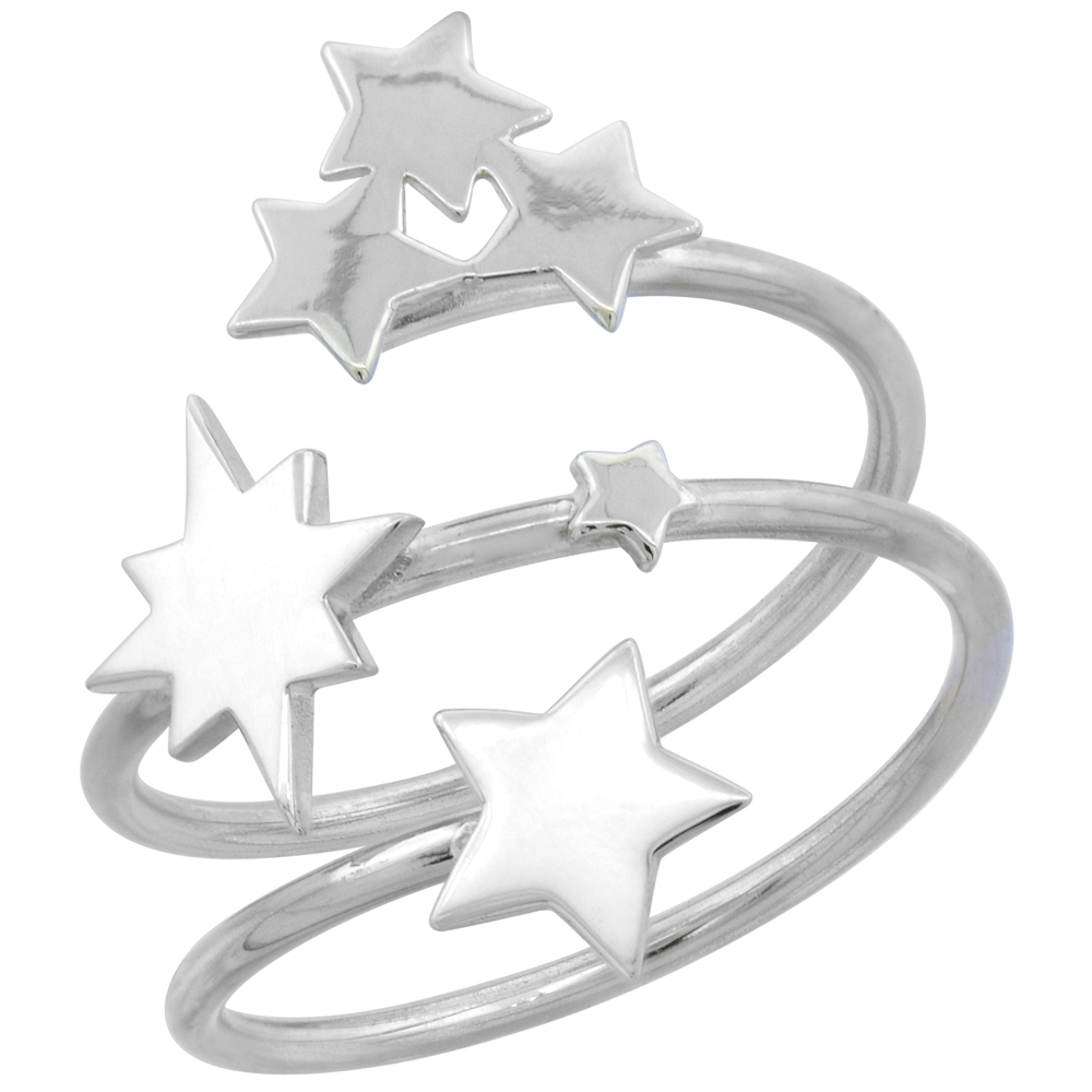Sterling Silver Stars Wrap High Polished Ring 13/16 inch wide, sizes 6 - 9